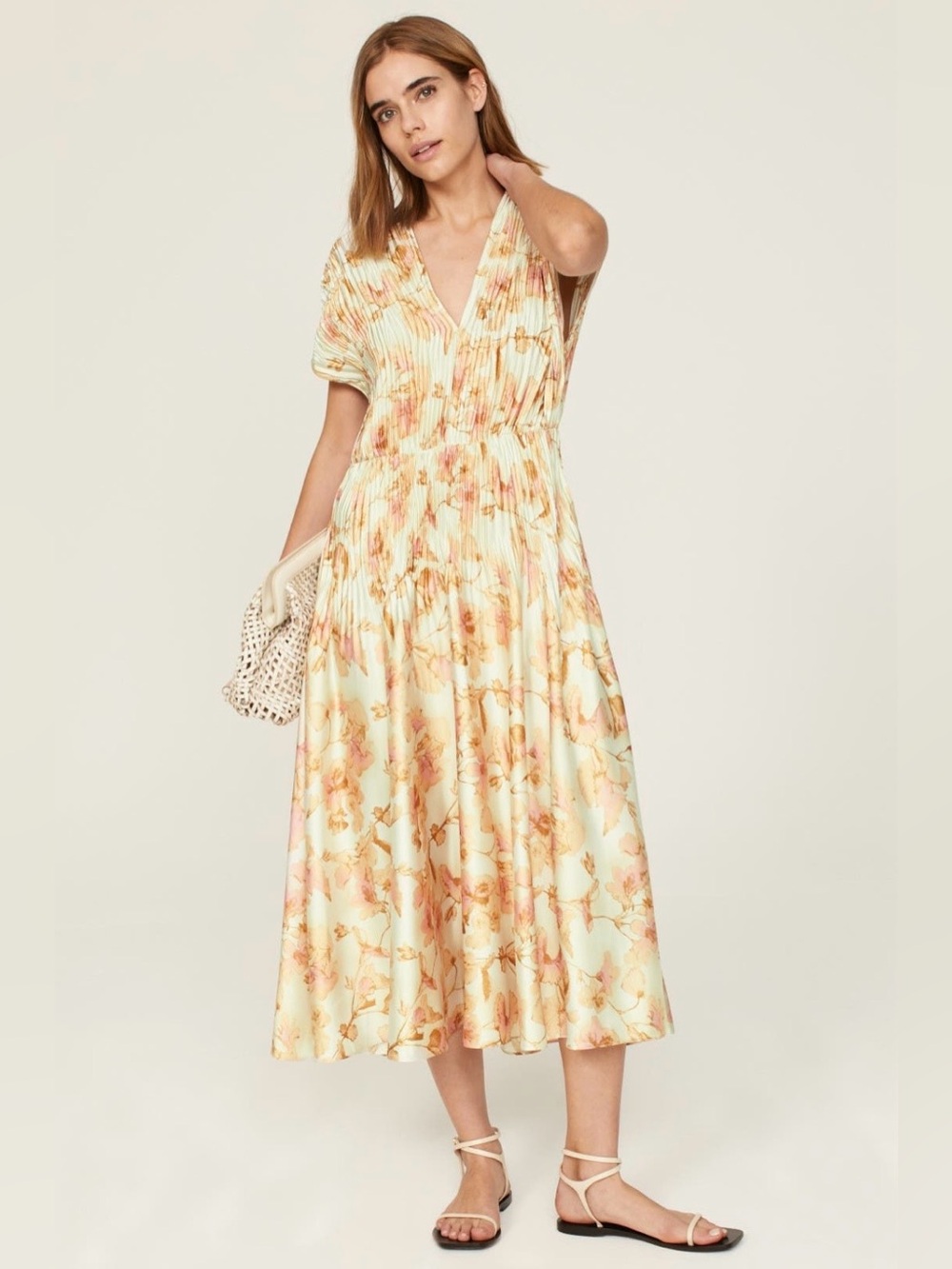 Vince~Cream Short Sleeve Midi Dress with Floral Print~Size Small~$595~